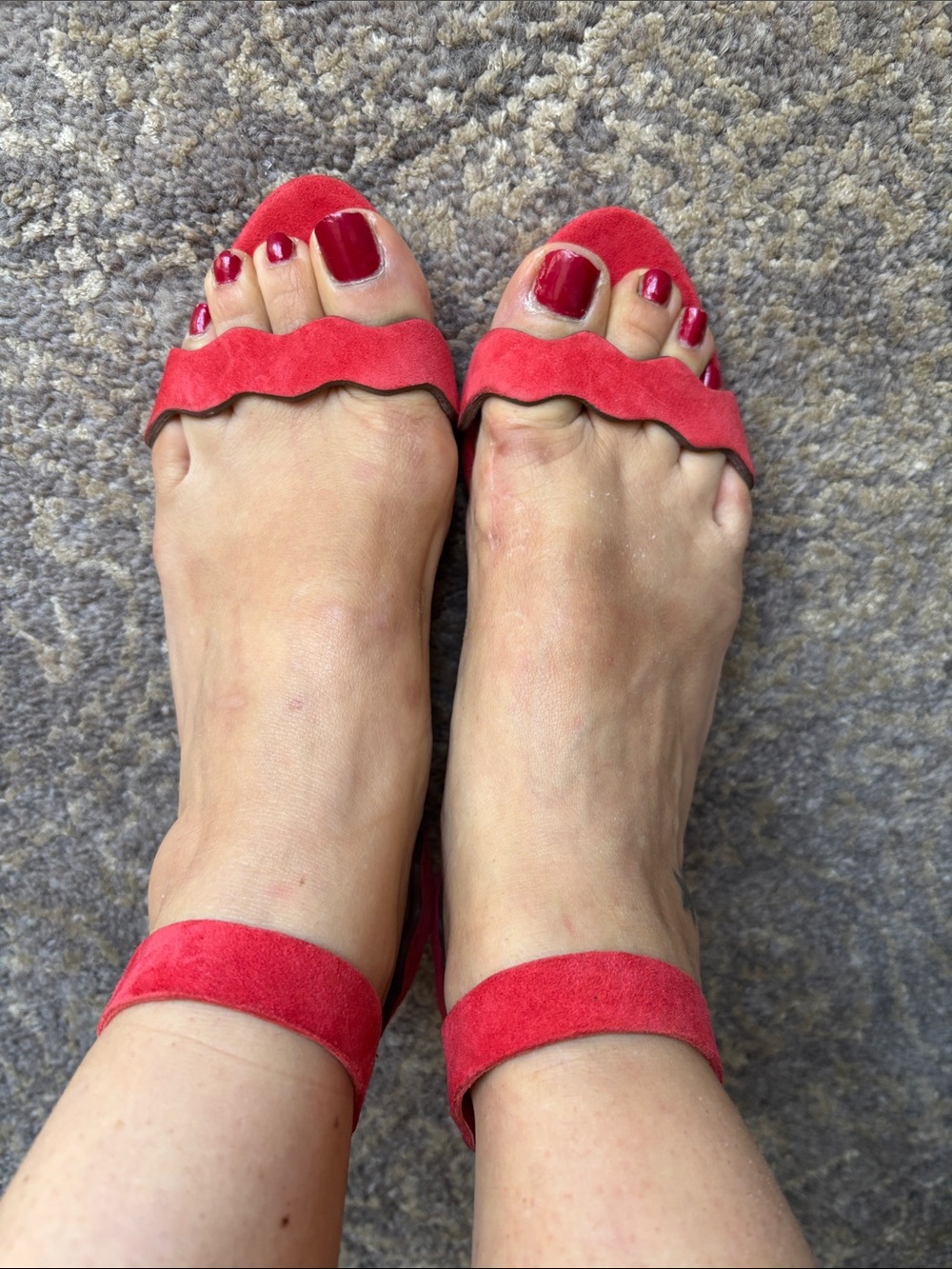 Loeffler Randall Red Suede Scalloped Strap Heeled Sandals